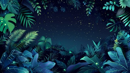 Lush jungle with giant plants glowing in vibrant night colors.