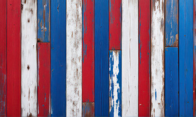 Stressed wooden boards painted red, white and blue for patriotic concept of United States of America. Textured abstract backdrop.