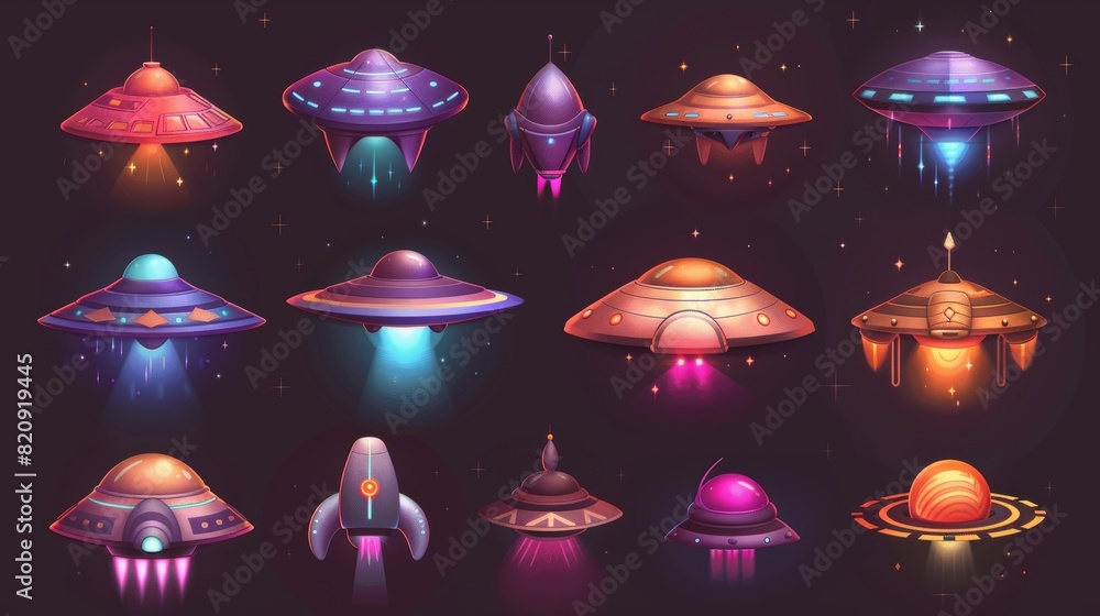 Poster cartoon flying alien spaceship with realistic modern illustration set of ufo disks. extraterrestrial