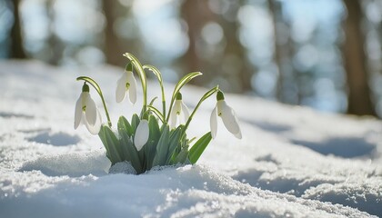 close up of white spring snowdrop flowers growing in the snow blurry forest background