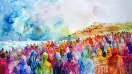 Fototapeta premium The Sermon on the Mount, illustrated with a large gathering of people in vibrant, varied watercolor washes.