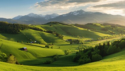 a panoramic vista reveals a sprawling green farm bathed in sunlight with distant mountains completing the scenic view photorealistic illustration