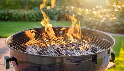 bbq grill with bright flames and glowing coals