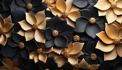 black and gold flower background floral summer seamless pattern
