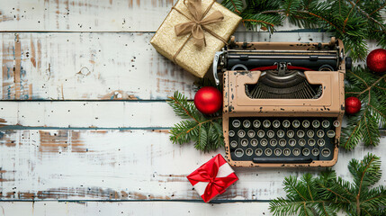Vintage typewriter with Christmas gift on white wooden - Powered by Adobe