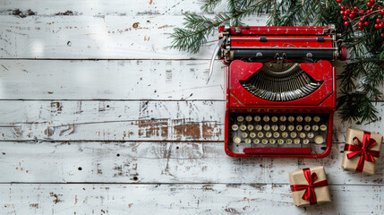 Vintage typewriter with Christmas gift on white wooden - Powered by Adobe
