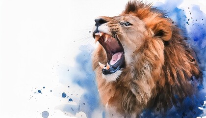 painting in watercolor modern illustration of a roaring lion on a white background