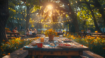 A Memorial Day picnic in a sunny park with families enjoying the spring weather, to freeze the joyful activities and the vibrancy of May, creating a festive and warm scene