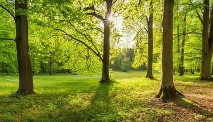 panoramic landscape beautiful rays of sunlight shining through the vibrant lush green foliage and creating a dynamic scenery of light and shadow in a forest clearing