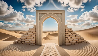 a contemporary stone entrance in a sandy desert showcasing patterns dunes blue sky and clouds generative ai