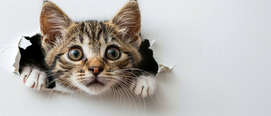 Adorable tabby cat kitten sticking its head out of hole in white paper isolated on plain white...