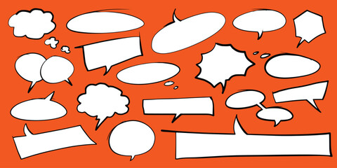 Hand-drawn speech bubbles. Chat balloons. Round frames with clouds of doodles. Vector set.