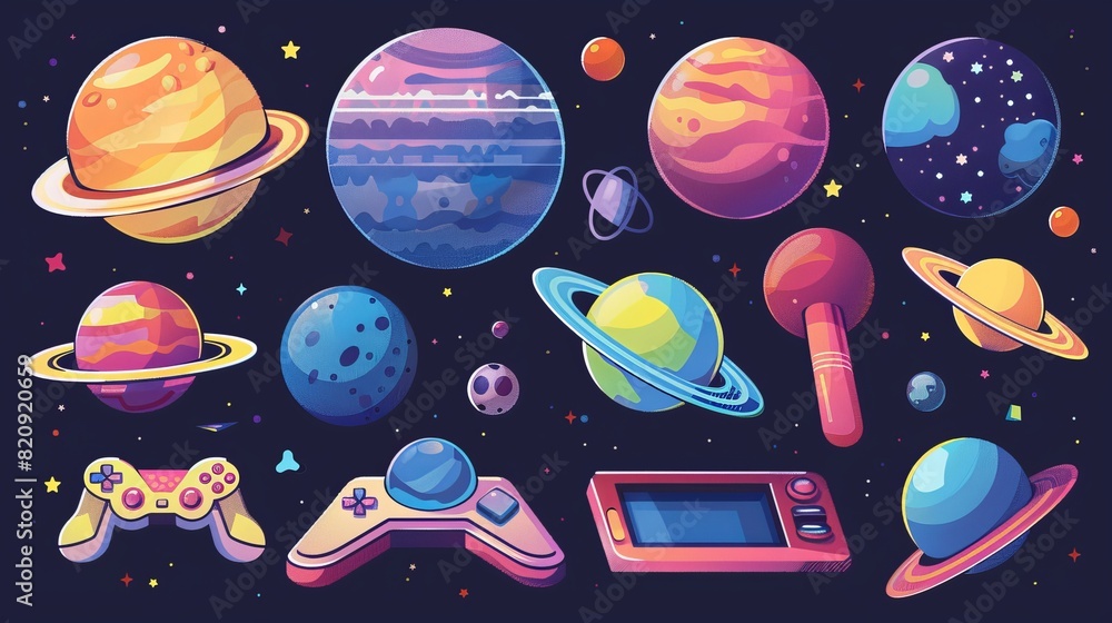 Aufkleber the kit includes 3d icons with aliens, galaxy planets, and joysticks for videogame ui interfaces. th