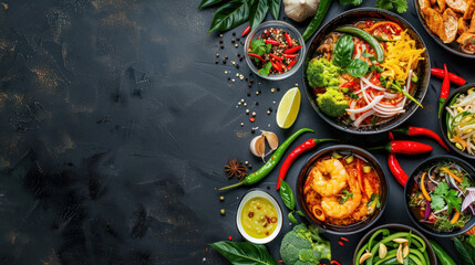 Traditional Thai food on dark background. Oriental food concept. Top view, flat lay, panorama.