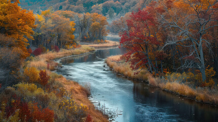 Tranquil river winding through a colorful autumn landscape.