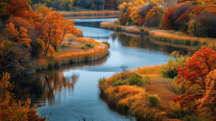 Tranquil river winding through a colorful autumn landscape.