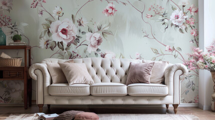 Transform your room into a haven of vintage elegance with a floral wallpaper design, featuring delicate blooms and muted tones that create a romantic atmosphere