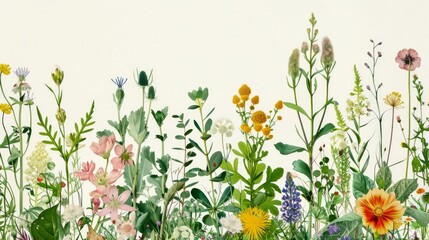 Create a detailed botanical illustration with various plants and flowers. 