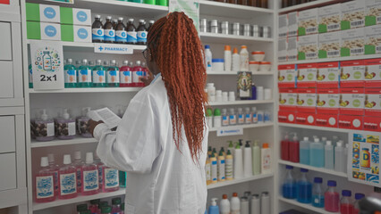 African american pharmacist woman reading medication in a modern pharmacy store