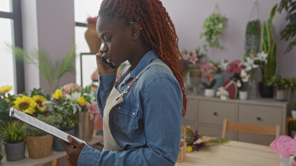 A young african american woman talking on the phone while holding a clipboard in a flower shop.