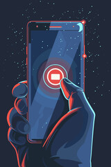 Digital Detox: Hand Pushing Smartphone Power Button to Turn Off Device and Disconnect from Social Media
