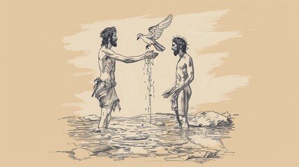Obraz premium The Baptism of Jesus by John the Baptist in the Jordan River with Dove Descending - Biblical Illustration