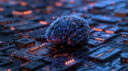 Visualization of a brain interfaced with cybernetic enhancements, highlighting AI integration.
