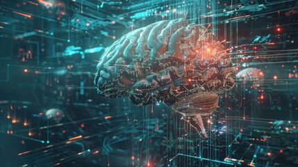 Visualization of a brain interfaced with cybernetic enhancements, highlighting AI integration.