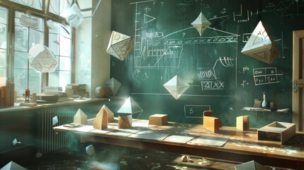 Visualization of a math class with geometric shapes and formulas floating around.