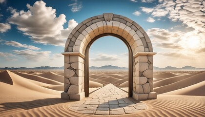 a contemporary stone entrance in a sandy desert showcasing patterns dunes blue sky and clouds...