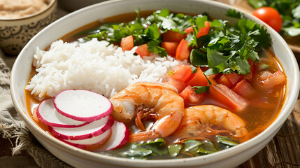 A bowl of Filipino sinigang, a sour soup made with tamarind broth, pork or shrimp, radish, tomatoes, and leafy greens, served with steamed rice for a comforting and tangy meal.
