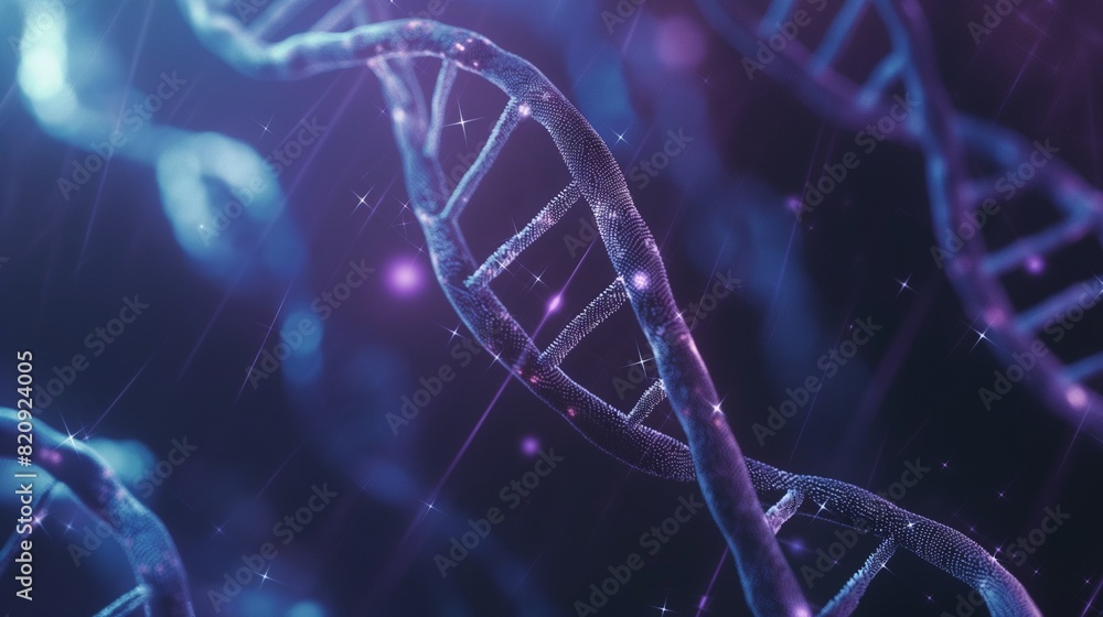 Poster close-up of a dna double helix with glowing particles, rendered in hyper-detailed 3d with a vibrant 