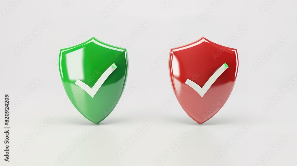 Poster 3d rendering of protective shields indicating safety and risk with checkmarks - modern digital secur
