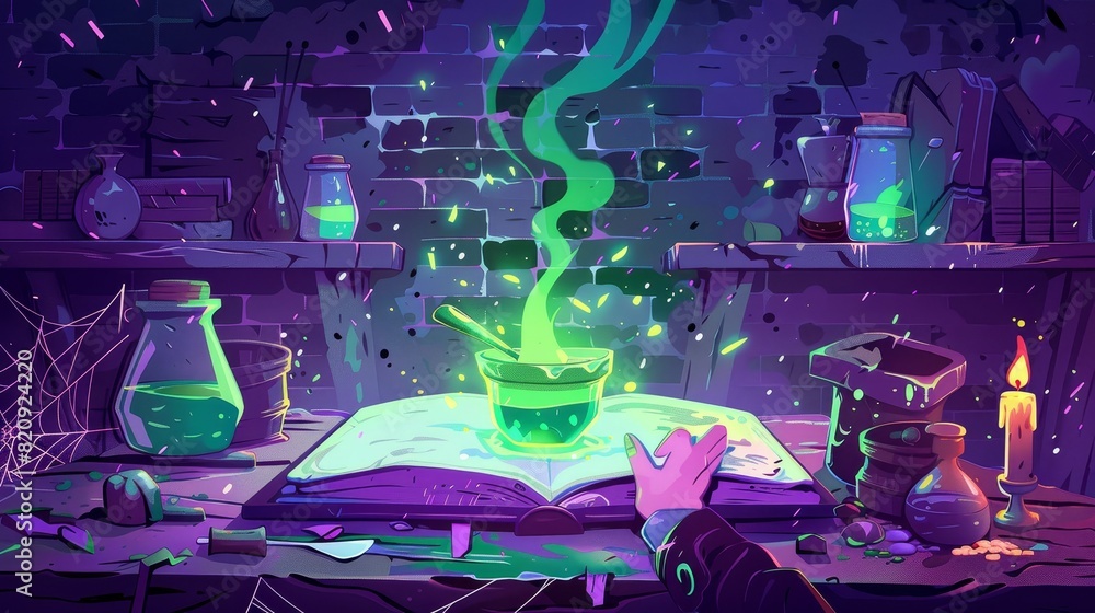 Wall mural a cartoon game modern shows witch hand conjuring over a magic spell book and green glowing potion in