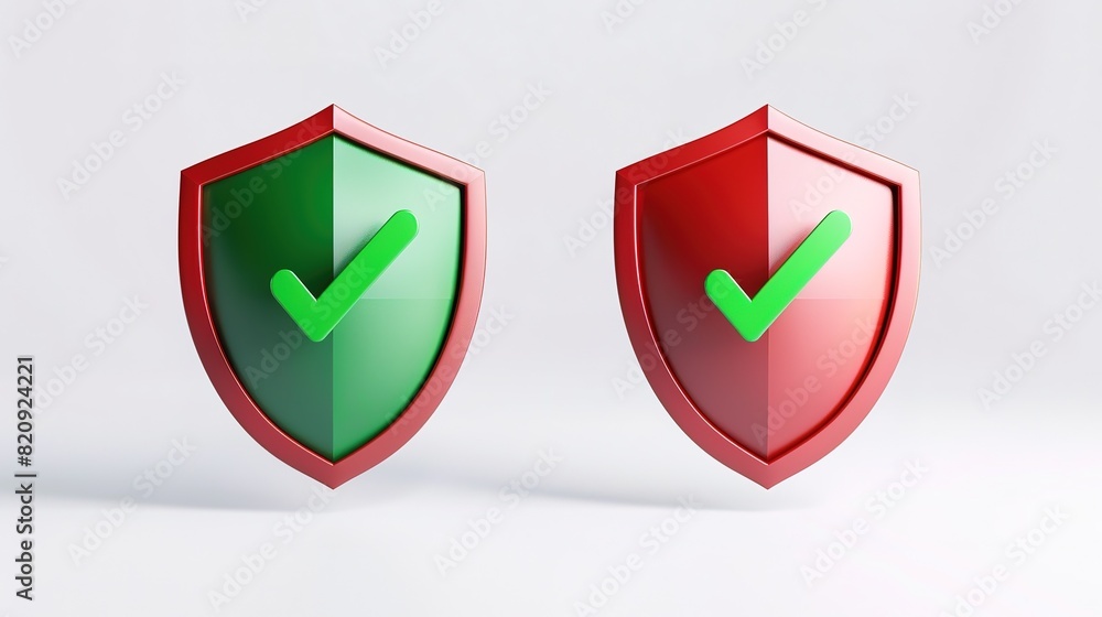 Poster 3d rendering of protective shields indicating safety and risk with checkmarks - modern digital secur