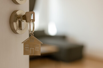 Open door to a new home with key and home shaped keychain. Mortgage, investment, real estate, property and new home concept