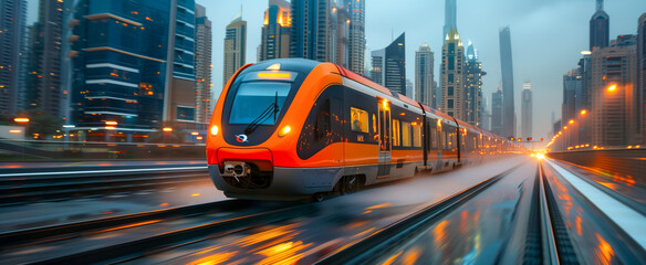 Modern orange train traveling through cityscape at dusk