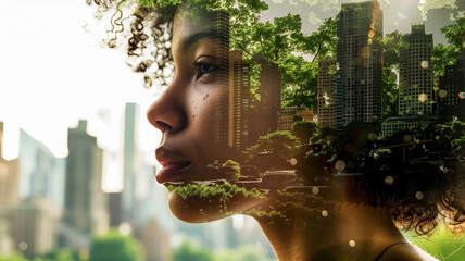 Double exposure portrait of a woman with cityscape and nature