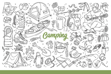Camping equipment for hiking and active tourism to maintain health. Clothes and tools for camping near tents for spending night in forest and boats for fishing or hunting. Hand drawn doodle