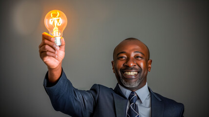 Smiling businessman holding a lit light bulb, symbolizing idea