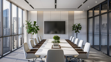 Bright modern conference room with large windows and greenery