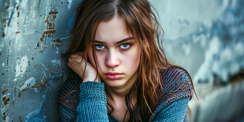 Pensive young woman leaning against a textured wall