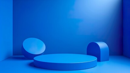 Blue abstract 3D minimal geometric shape scene for product presentation background, Cylinder podium for display products and circle shape overlap behind, illustration
