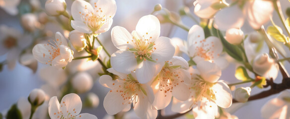 White cherry blossoms in warm spring sunlight