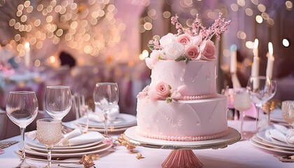 white an pastel pink cake on a table decorated for a celebration