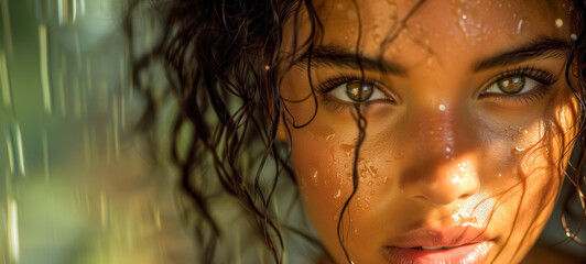 Beautiful young woman with wet curly hair in sunlight