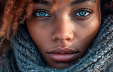 Close-up portrait of a woman with striking blue eyes and curly hair