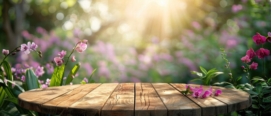 empty wooden product display table with purple pink blooming Orchids flowers meadow field in the background and bright blue cloudy sky created with Generative AI Technology
