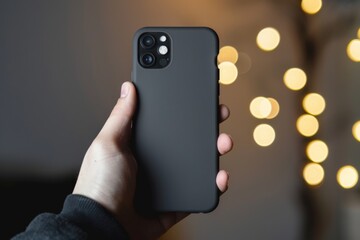 Hand Holding Modern Smartphone with Triple Camera Against Bokeh Lights Background