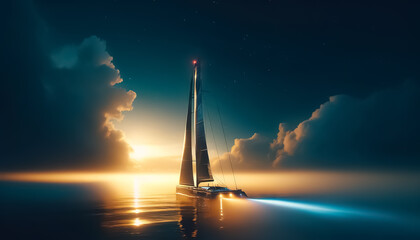 Sailboat navigating through a very calm sea under a night blue sky at twilight,